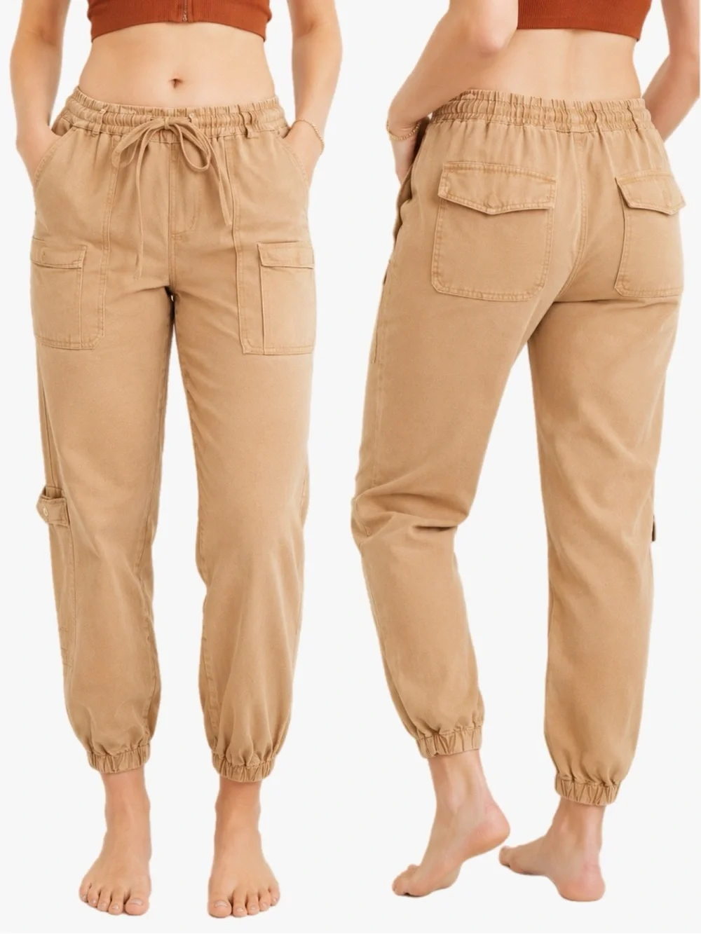 American Eagle Aerie Cargo Jogger Pants Size Small Tan Drawstring Utility Casual